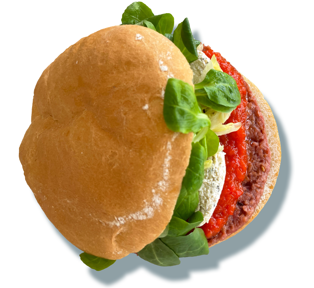 burger con pane, burger vegano (soia e patate viola), marmellata ai peperoni, insalata di germogli di soia e iceberg, ricotta veggie, side di chips